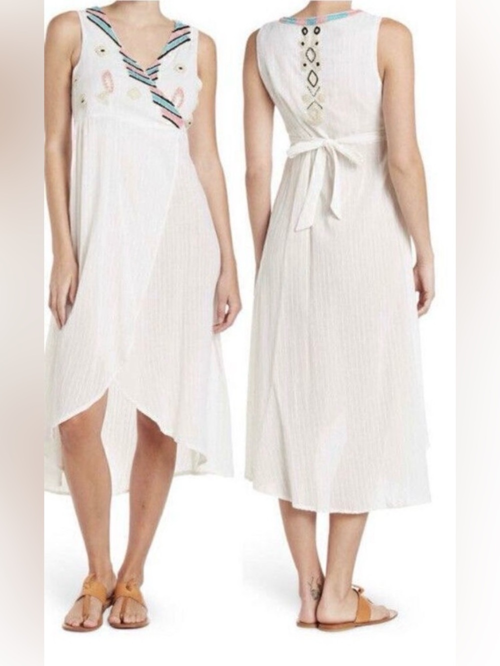 Area Stars MAYAN Wrap Dress White Midi Embroidered | size Large | NWT